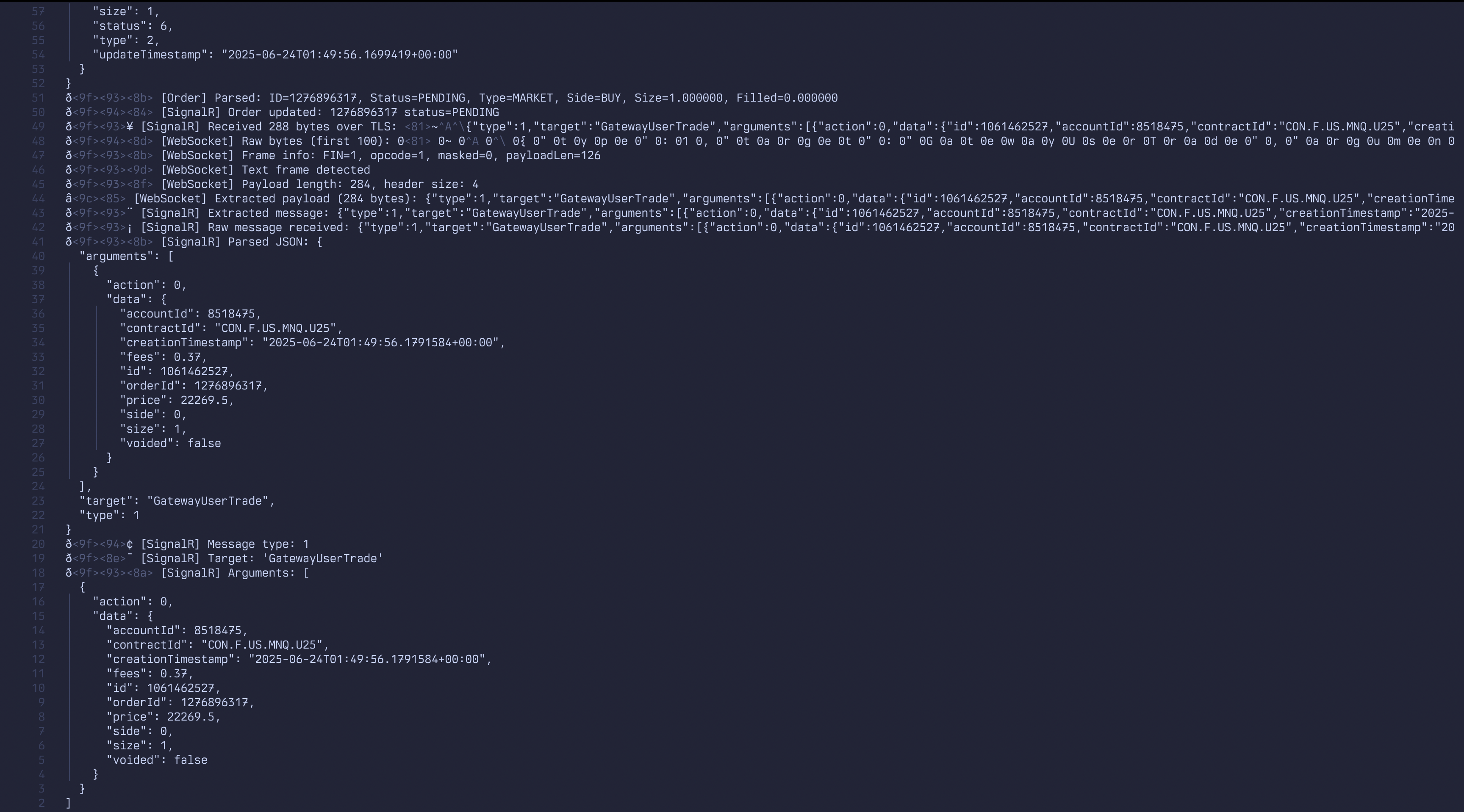 Terminal log showing parsed SignalR gateway trade payloads for a cloud trading webhook server.