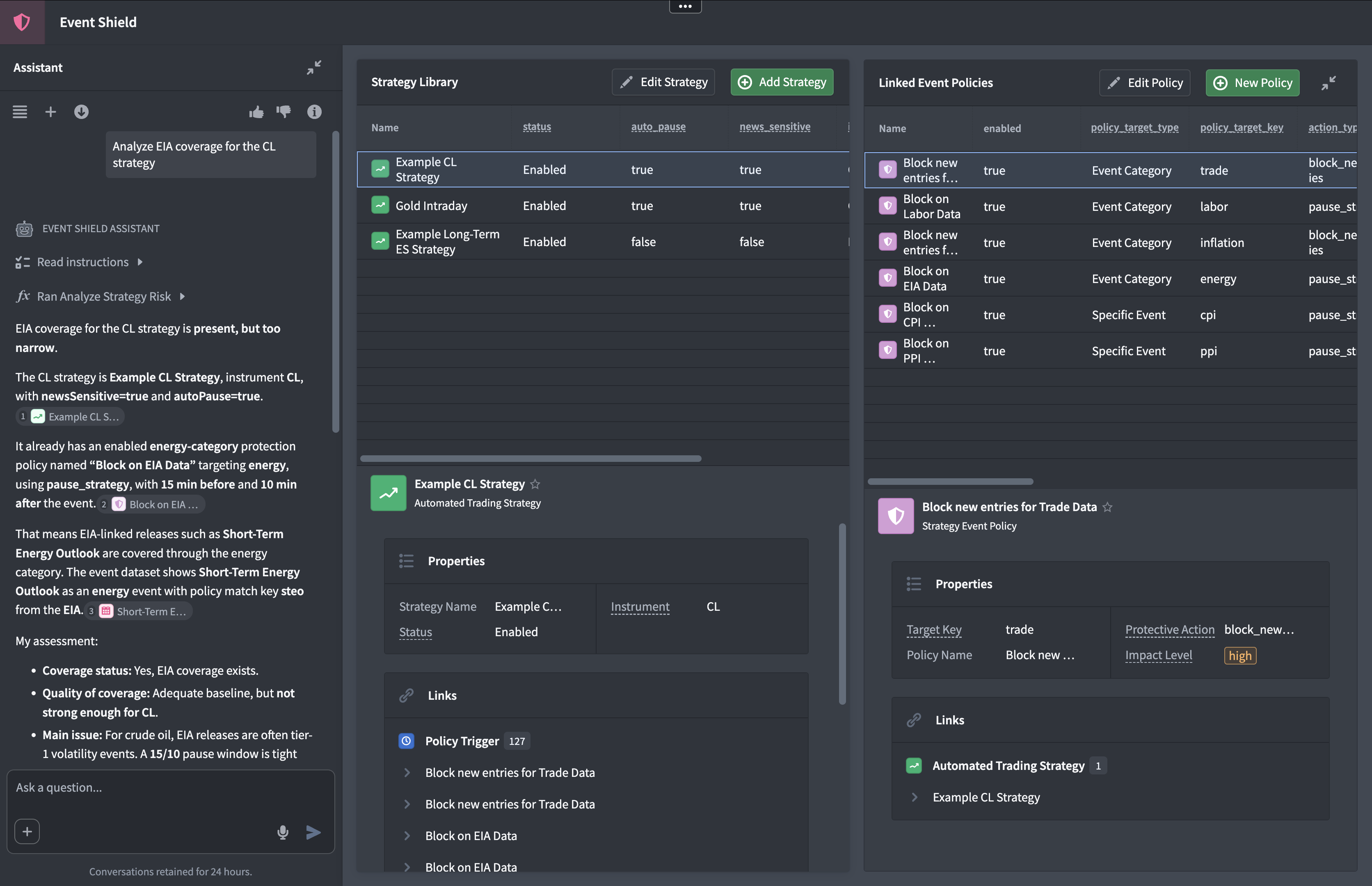 Event Shield risk policy interface with assistant analysis and linked event policies.