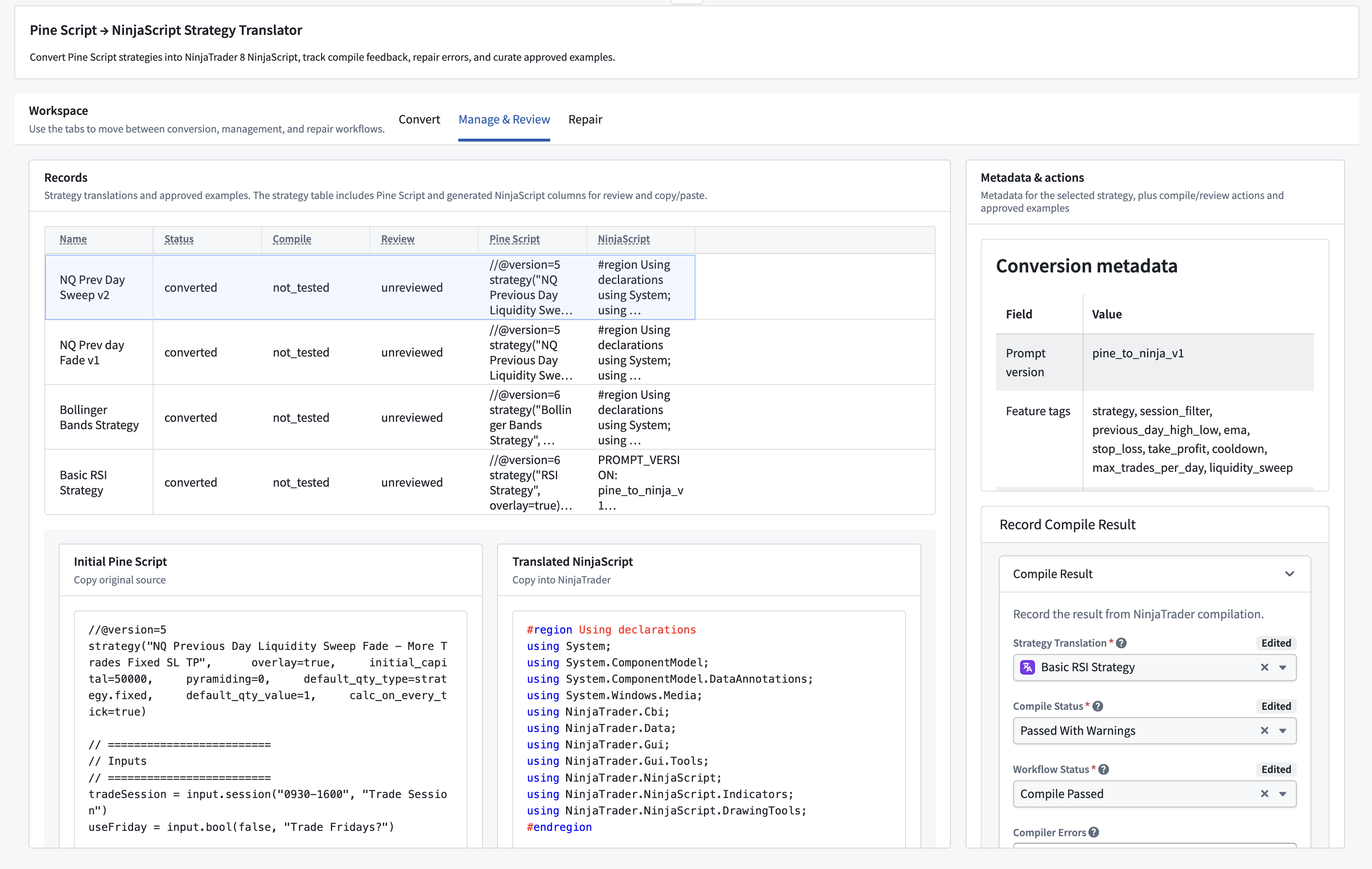 Pine Script to NinjaScript translator workspace with conversion records and compile metadata.